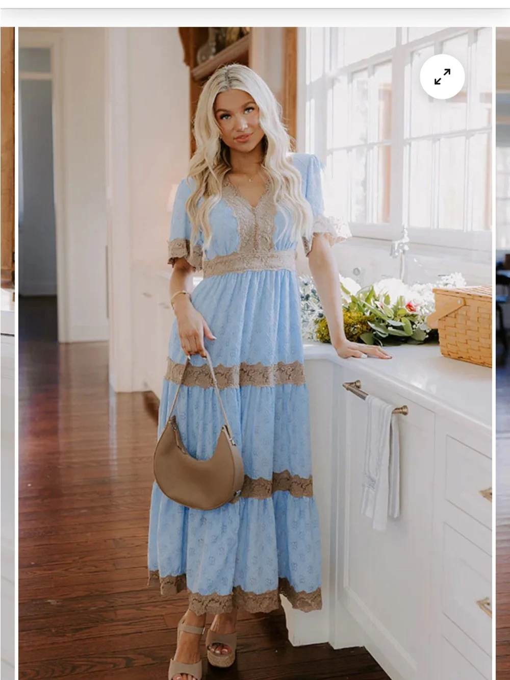 DAVI & DANI Powder Blue Maxi Dress with Tan Lace Trim - Picture 1 of 3